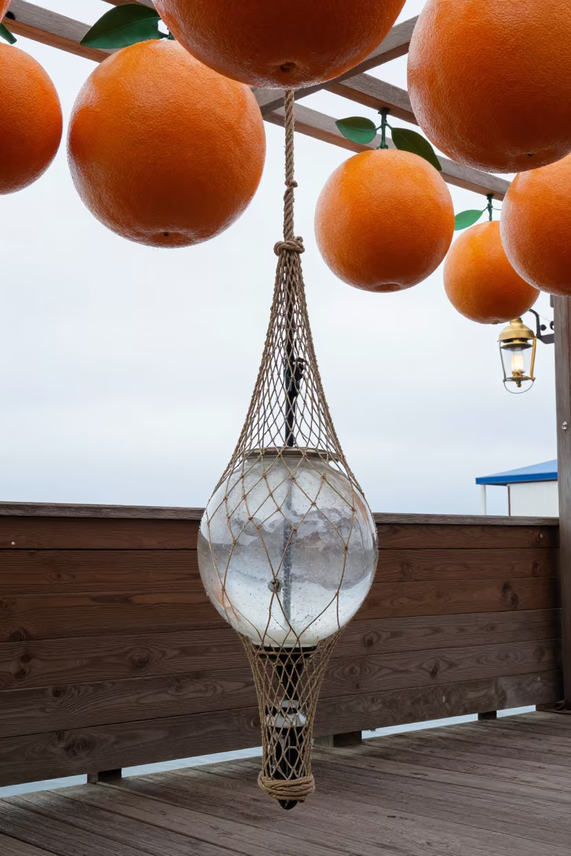 Glass Float Netted Rope Pier Ceiling in on a pier railing near Mit Ghamr