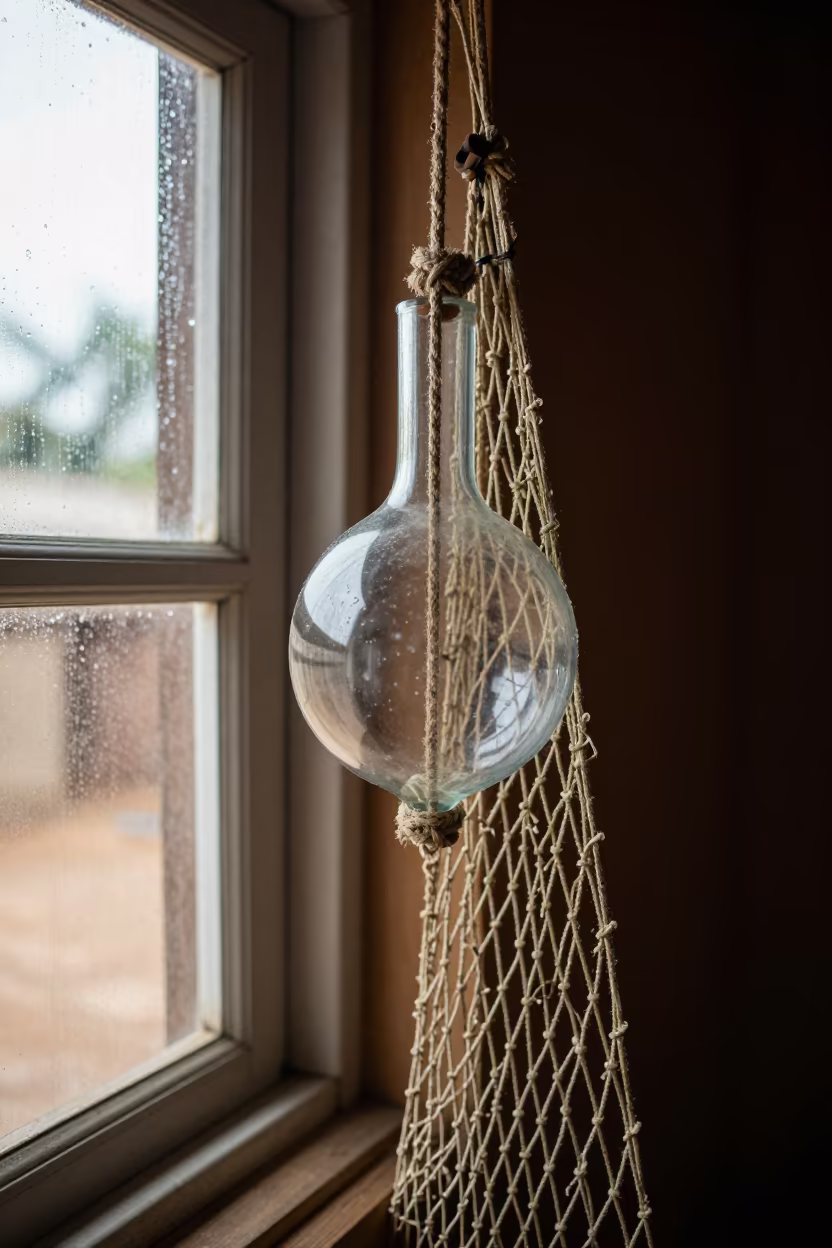 Glass Float on Rope Beside Condensation Glass in on a bedside table in Kinshasa