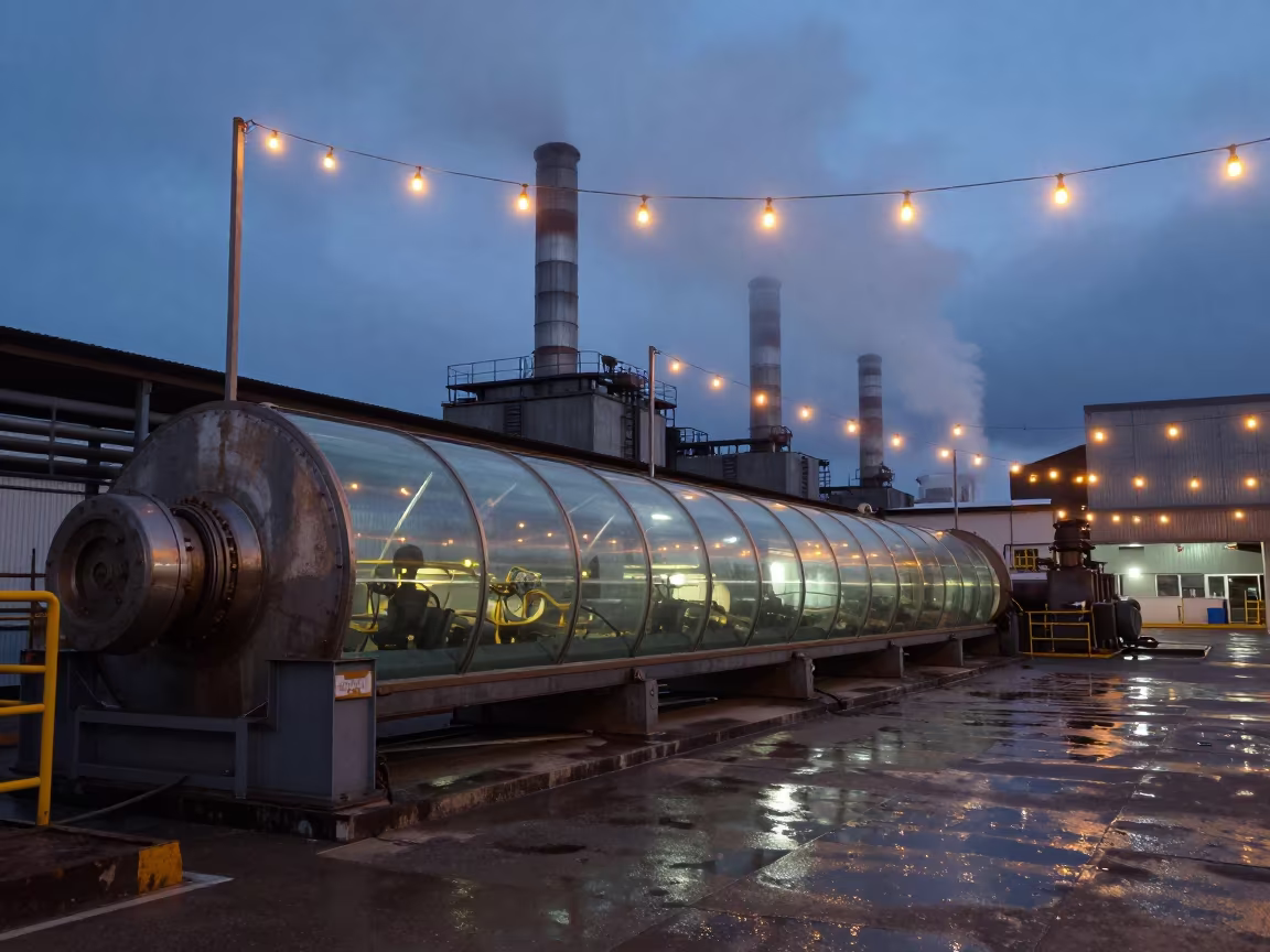 Glass Furnace Line Under Twilight Dusk Glow in in a turbine hall near Puerto La Cruz