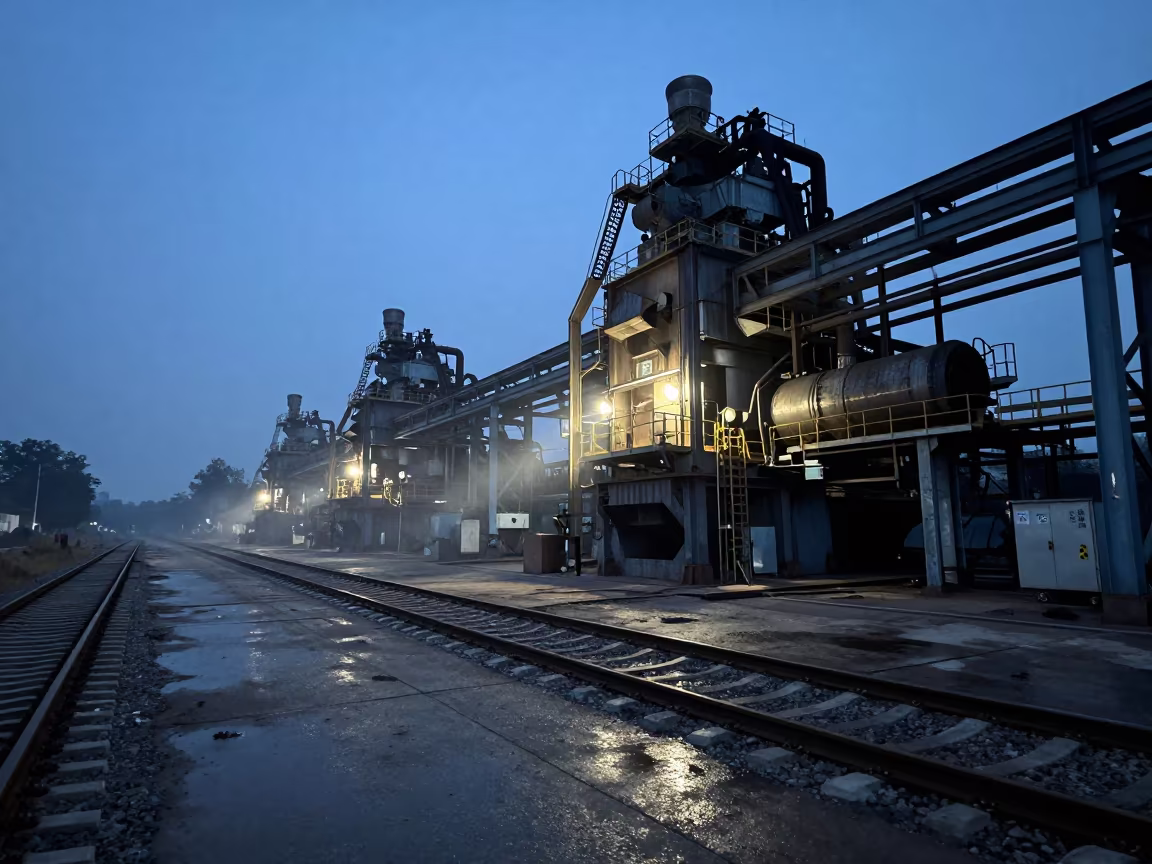 Glass Furnace Line at Twilight in Pune in at a rail yard near Pune