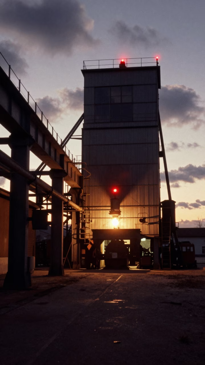 Glass Furnace Silhouette Under Red Warning Lights in inside a grain elevator near Split