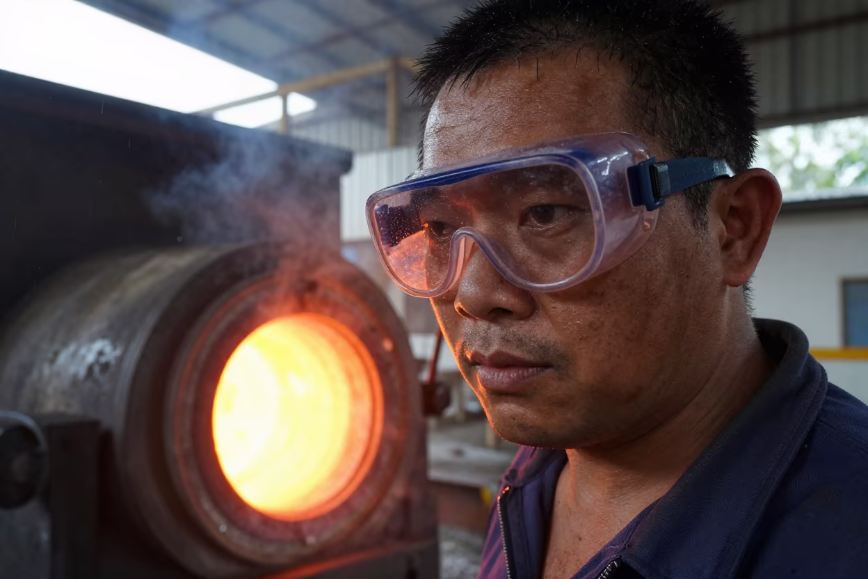 Glass Furnace Tender Face Lit by Molten Glow in in Guangzhou