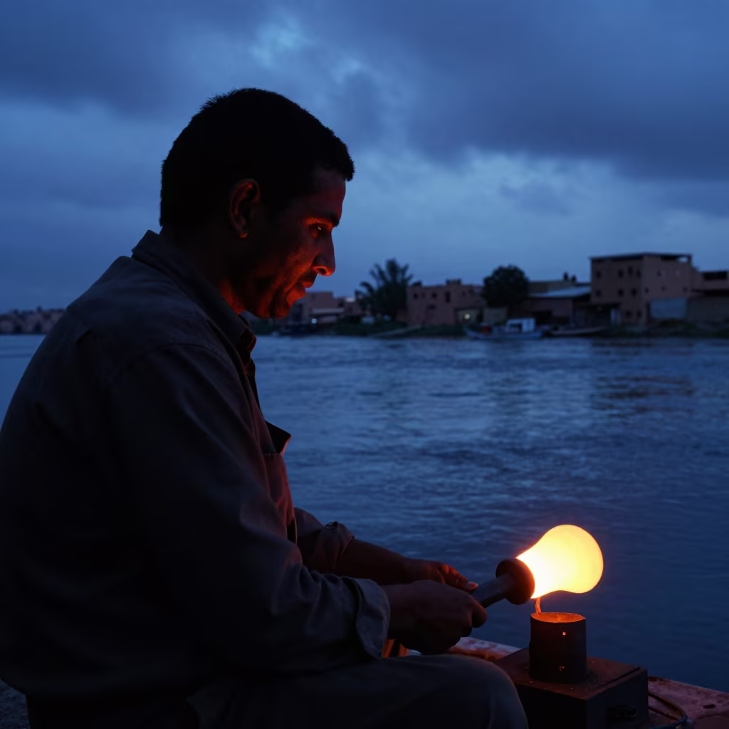 Glass Furnace Tender Silhouette at Marrakech Twilight in near a riverside landing in Marrakech