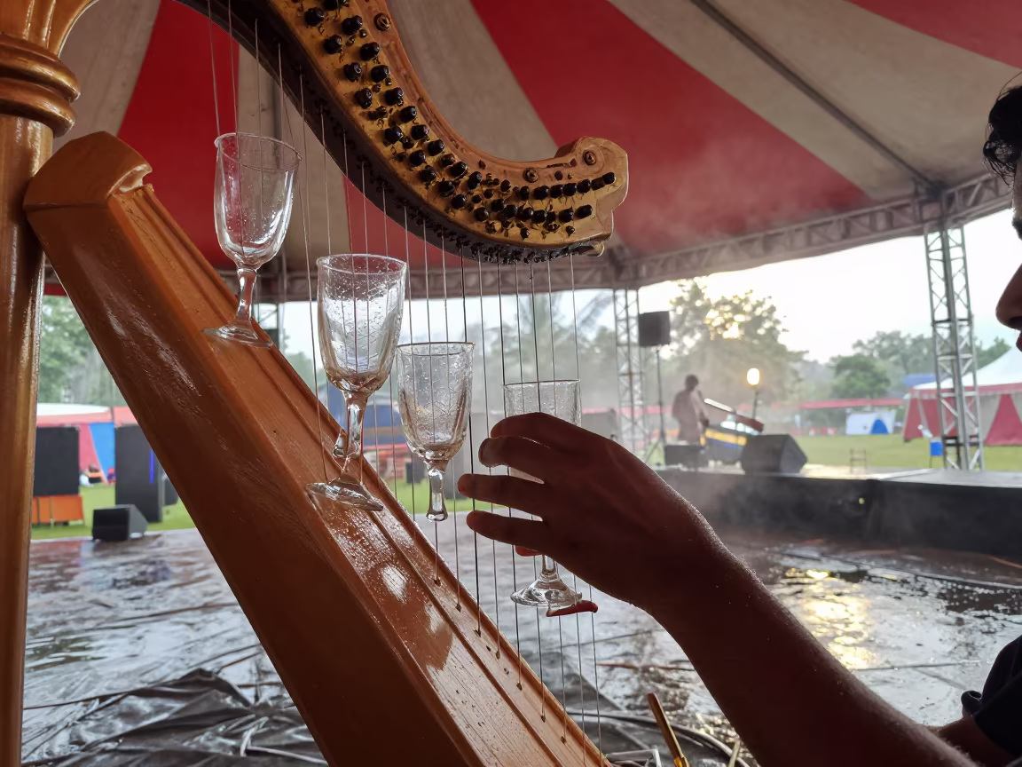 Glass Harp Musician Under Circus Tent in Akola in under a circus tent in Akola