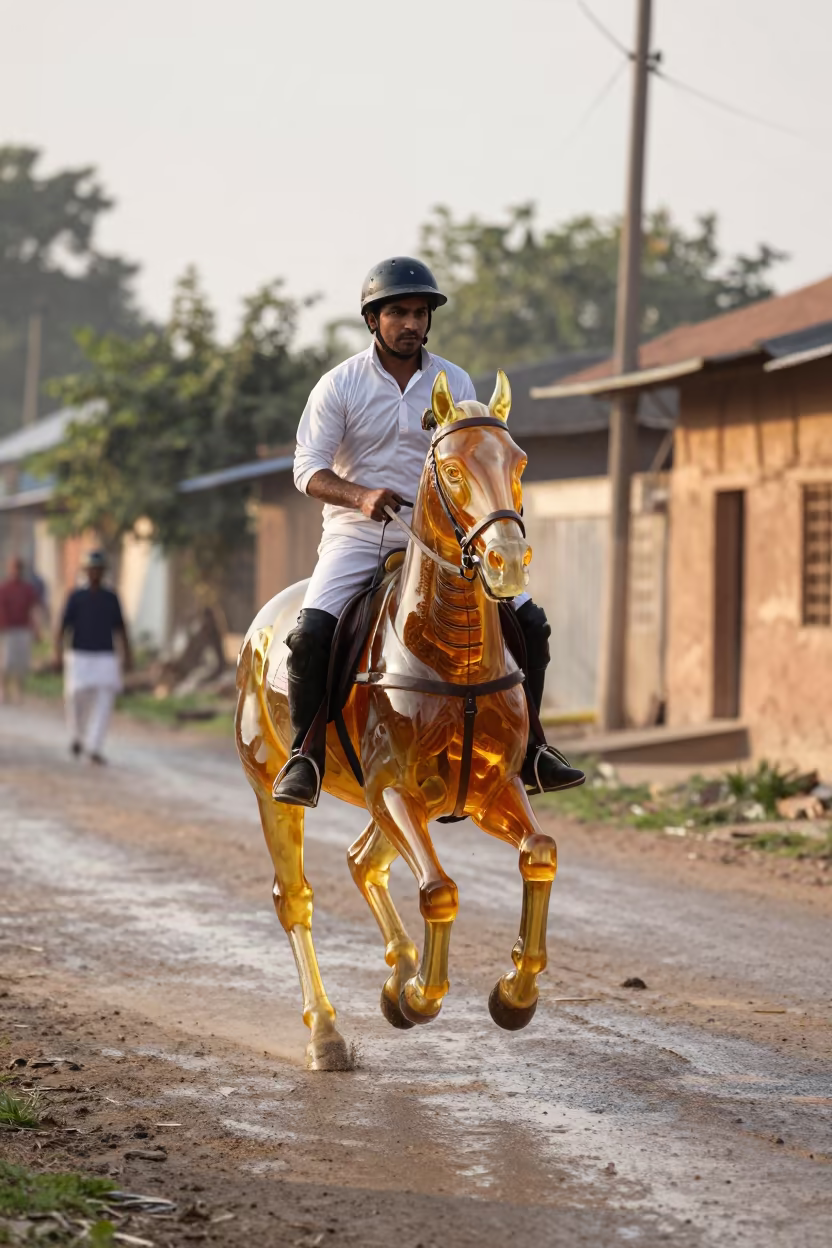 Glass Horse Polo Player Lahore Lane in in a village lane near Lahore