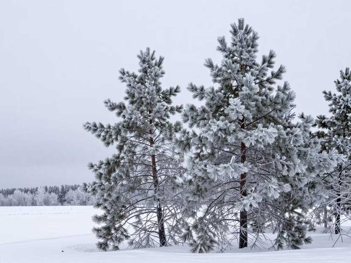 Glass Ice Coating Pine Branches in Swedish Winter in across a storm-bright plain in Sweden
