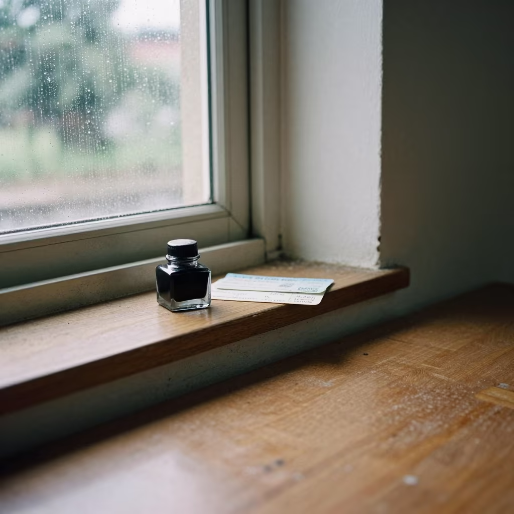 Glass Inkwell and Train Tickets on Dusty Library Ledge in on a dusty library table in Malabo