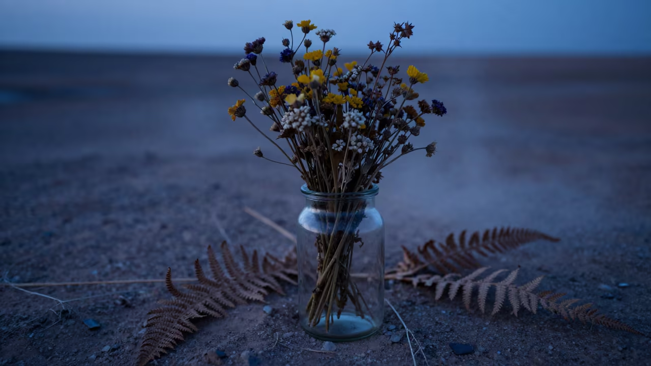 Glass Jar of Wildflowers on Gobi Desert Floor in on a fern-lined forest floor in the Gobi Desert