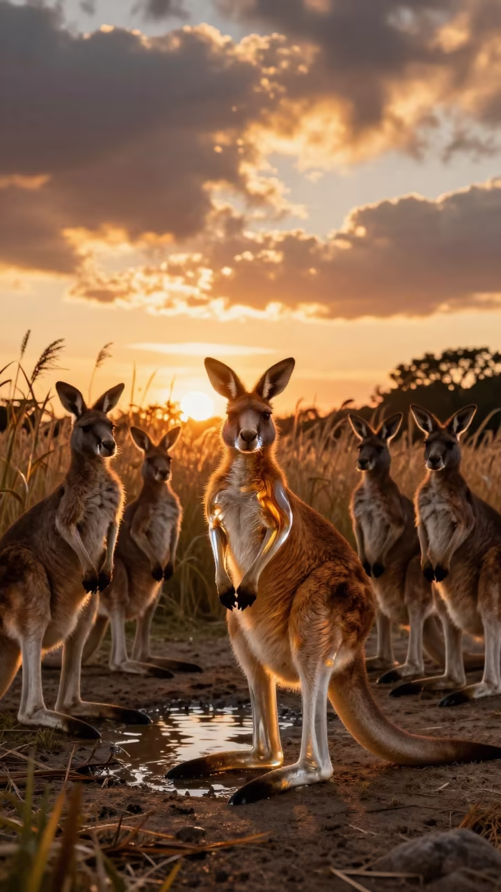 Glass Kangaroo Mob Sunset Silhouette in at the edge of a reed bed in New York