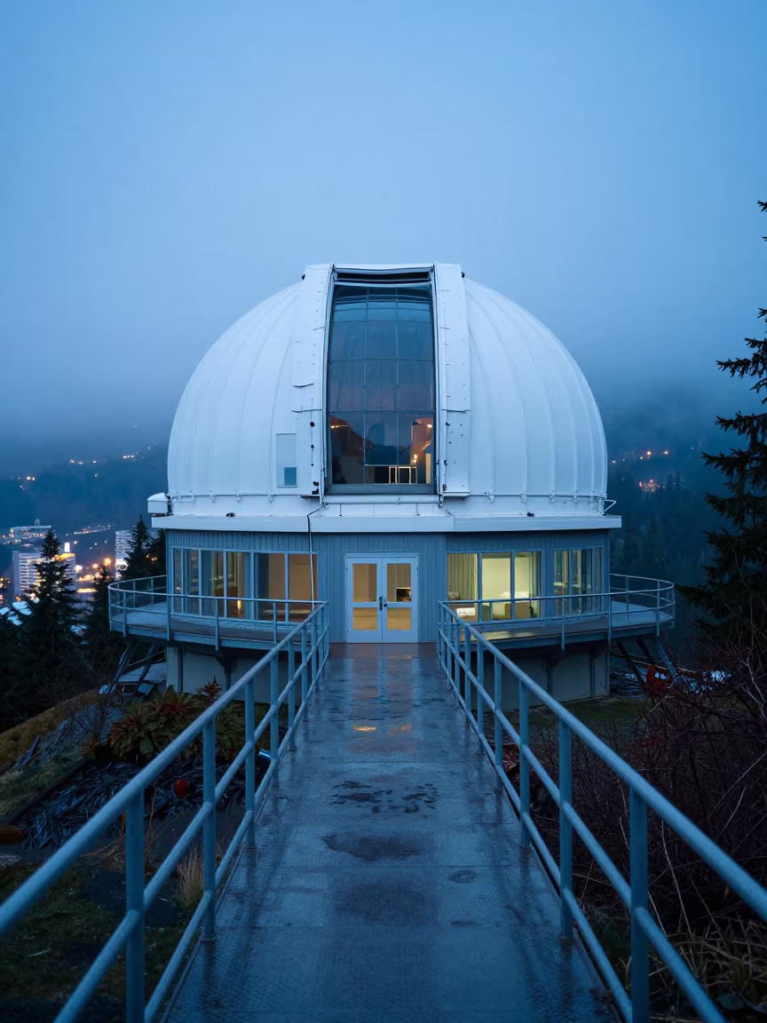 Glass Observatory Dome British Columbia Mist City Lights in beside an observatory dome in British Columbia