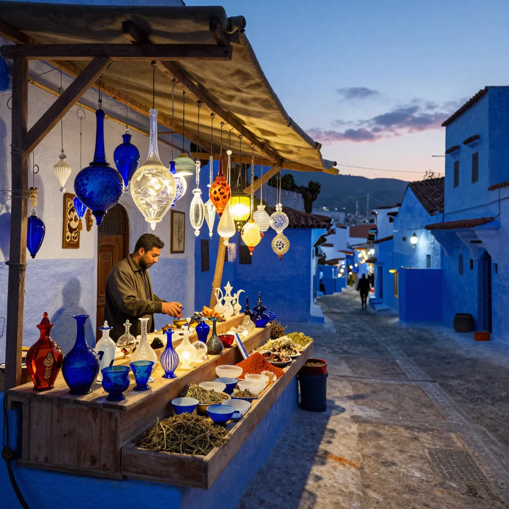 Glass Ornaments at Blue Hour Souk Booth in at a flower auction bench in Chefchaouen