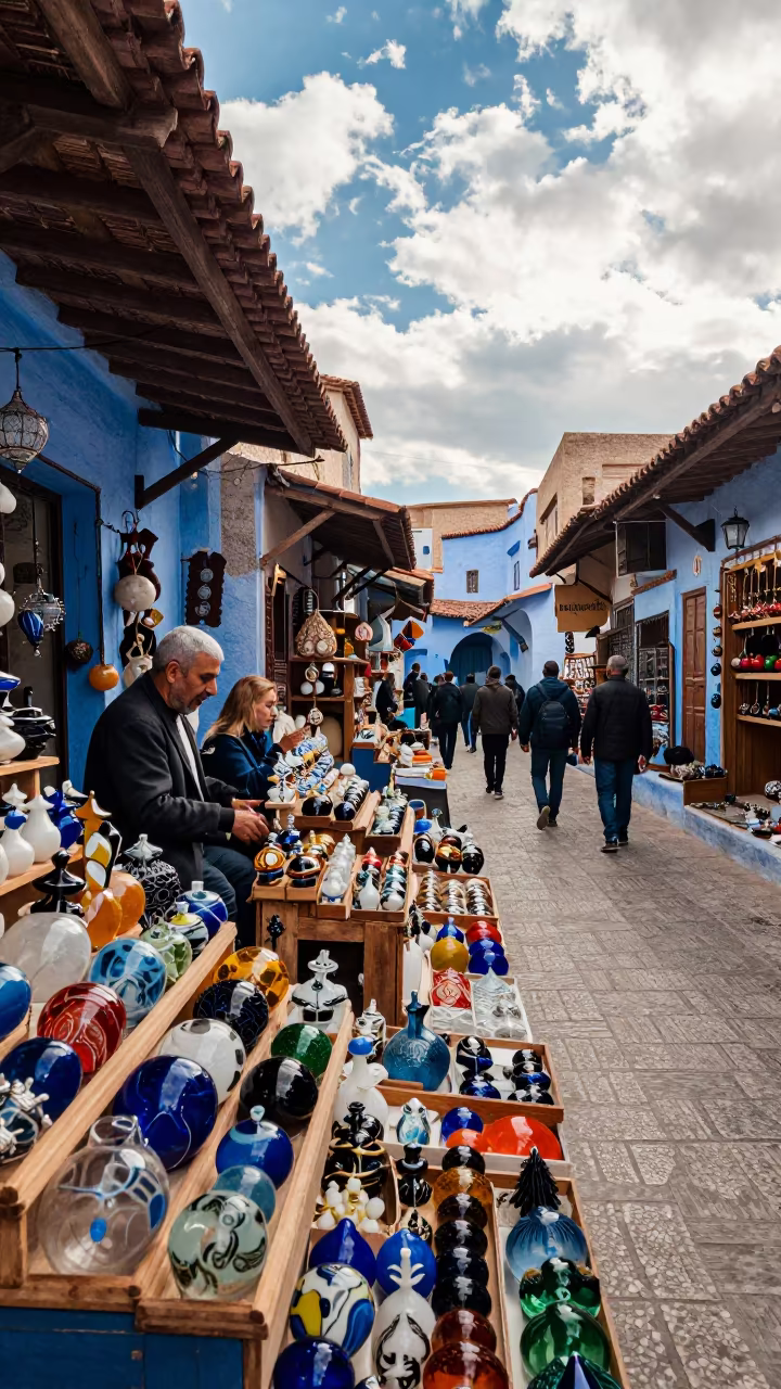 Glass Ornaments Displayed in Chefchaouen Souk Booth in in a covered bazaar aisle in Chefchaouen