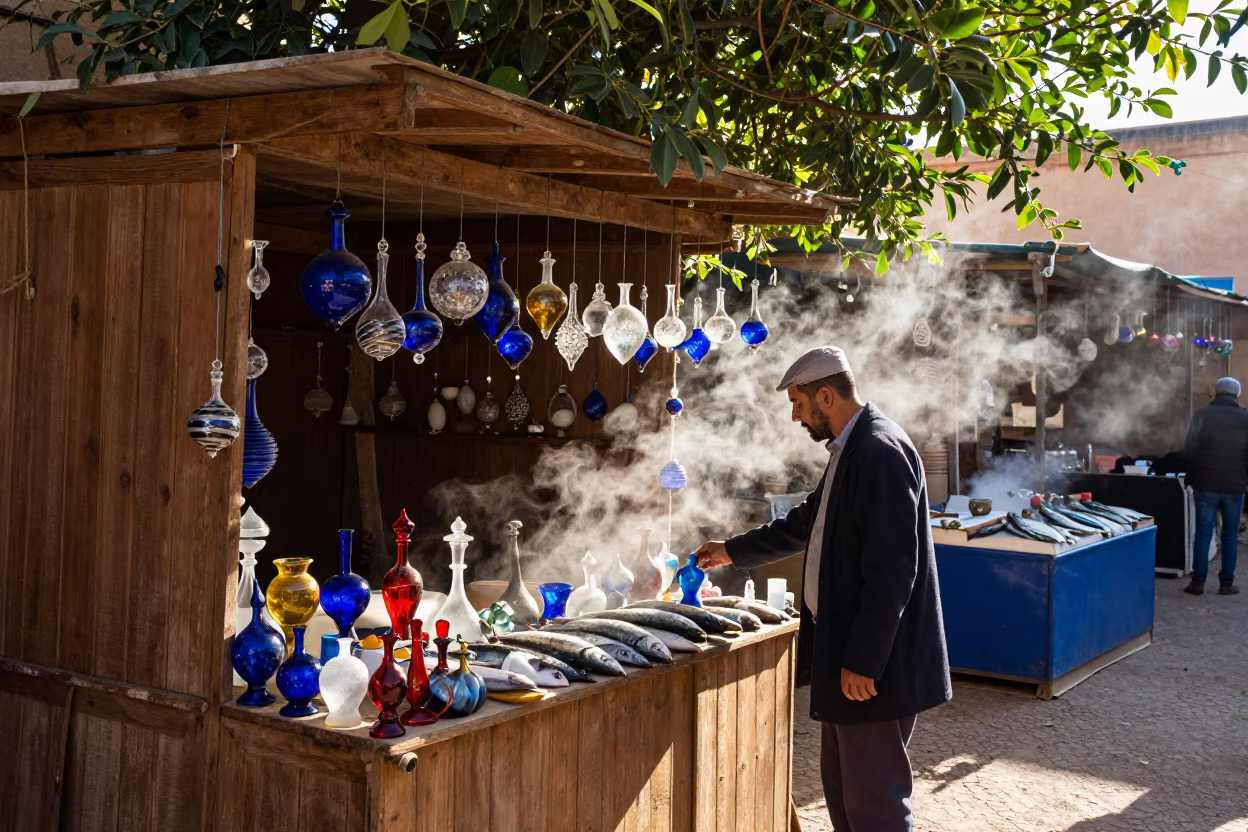 Glass Ornaments in Fez Souk Dappled Light in beside a fish counter in Fez