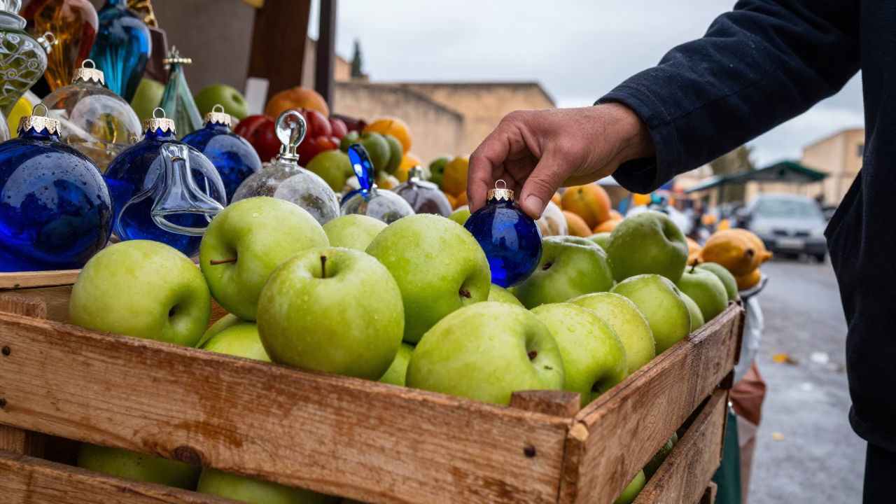 Glass Ornaments and Fruit at Fez Stand in at a roadside fruit stand in Fez