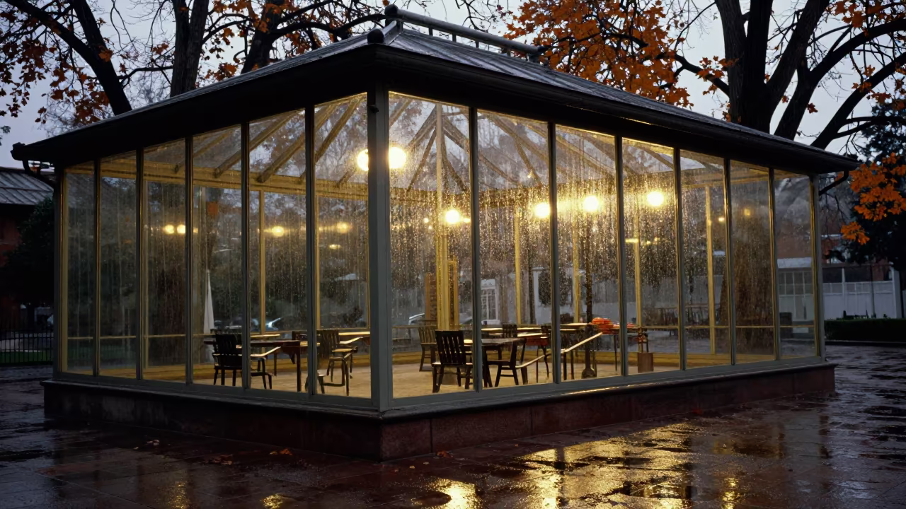 Glass Pavilion Autumn Reflections Santa Cruz Twilight in inside a glass-roofed arcade in Santa Cruz de la Sierra