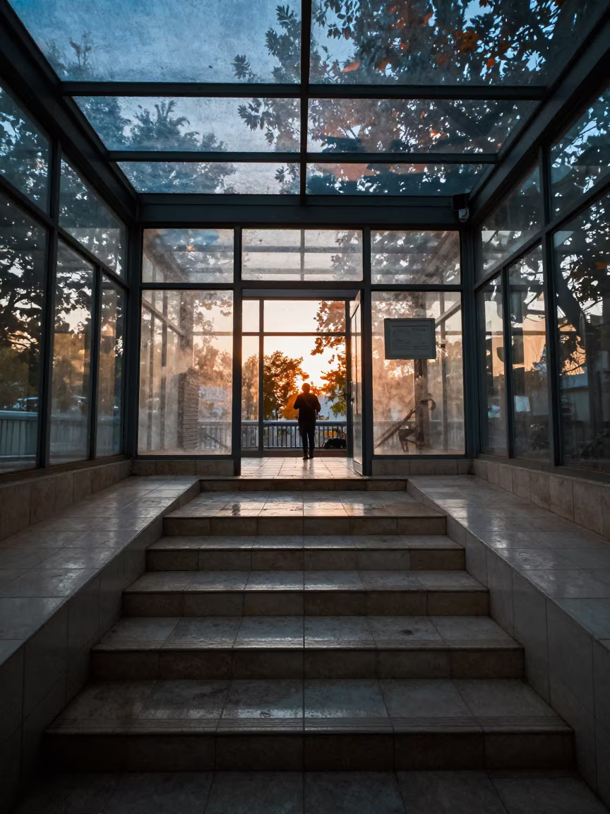 Glass Pavilion Reflecting Autumn Trees in Tianjin Stair Hall in inside a tiled stair hall in Tianjin