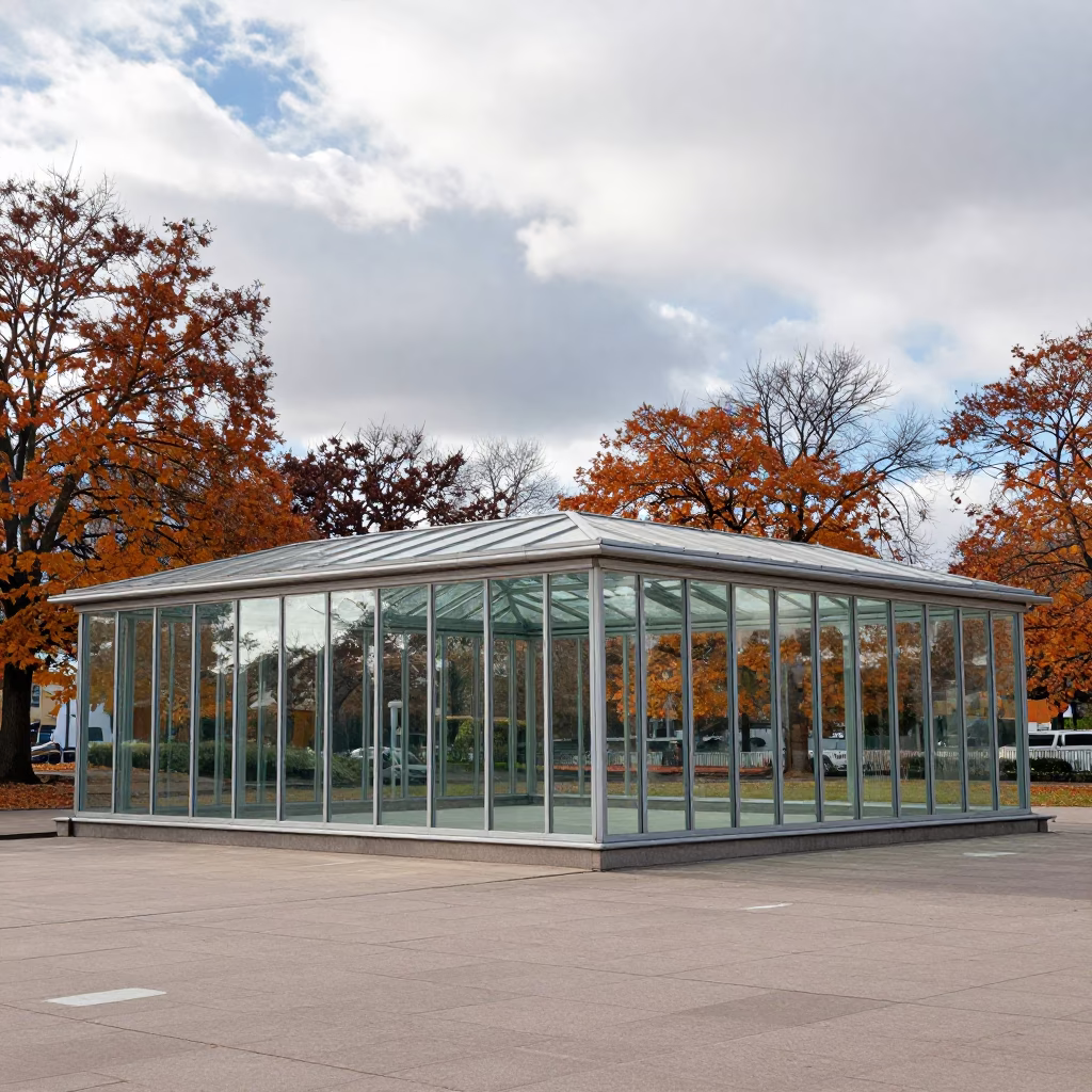 Glass Pavilion Reflecting Autumn Trees Near Minna in inside a skylit passageway near Minna