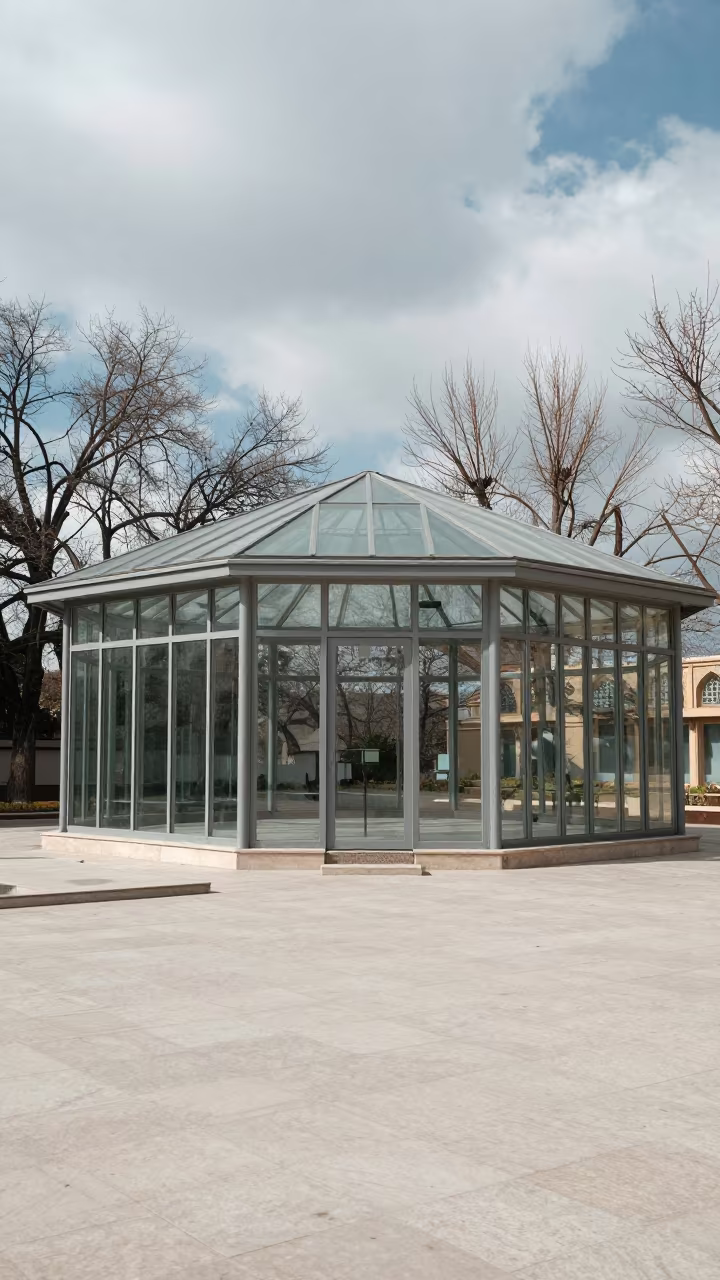 Glass Pavilion Winter Light Near Isfahan in inside a glass-roofed arcade near Isfahan
