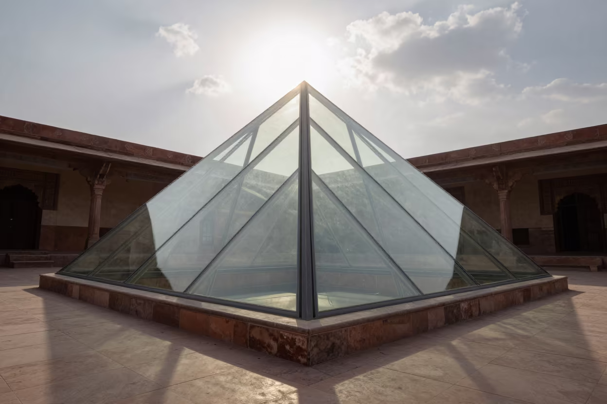 Glass Pyramid in Tiled Stair Hall Morning Light in inside a tiled stair hall near Jalandhar