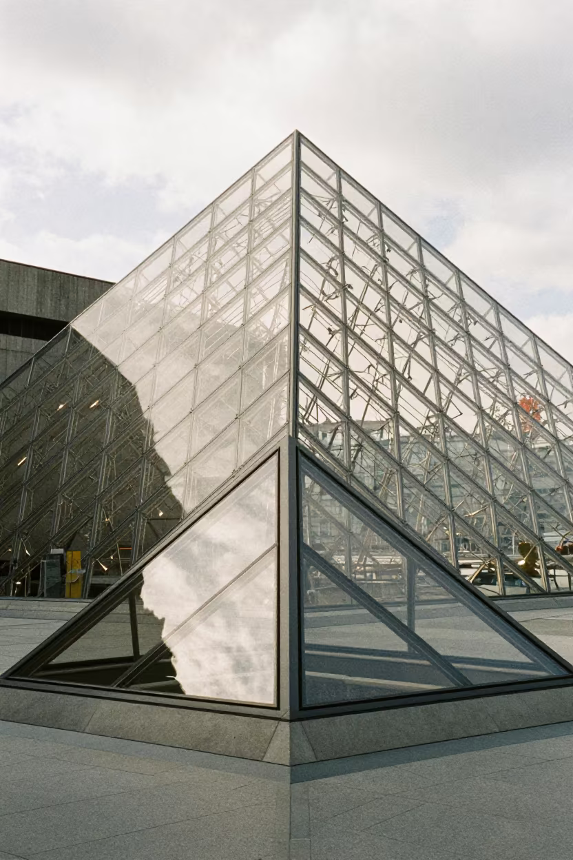 Glass Pyramid in Tokyo Concrete Lobby Morning in inside a ribbed concrete lobby near Tokyo