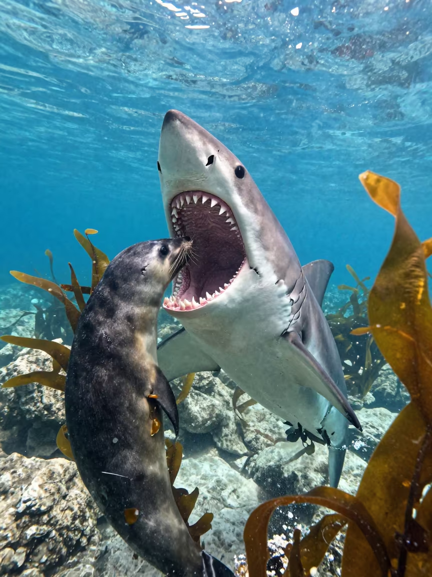 Glass Shark Breaching Kelp in Dubrovnik in through kelp fronds beside a rocky shelf in Dubrovnik