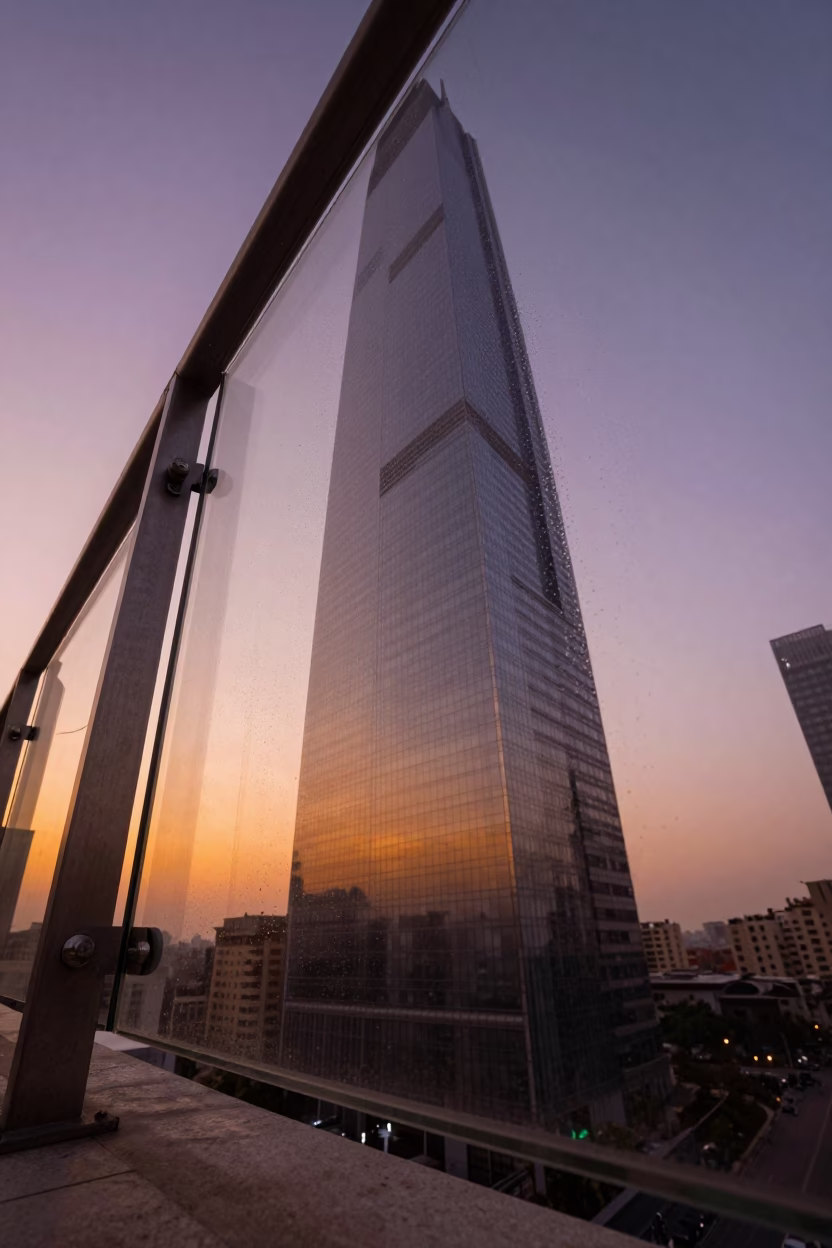 Glass Skyscraper Reflection on Pier Railing in on a pier railing in Sialkot