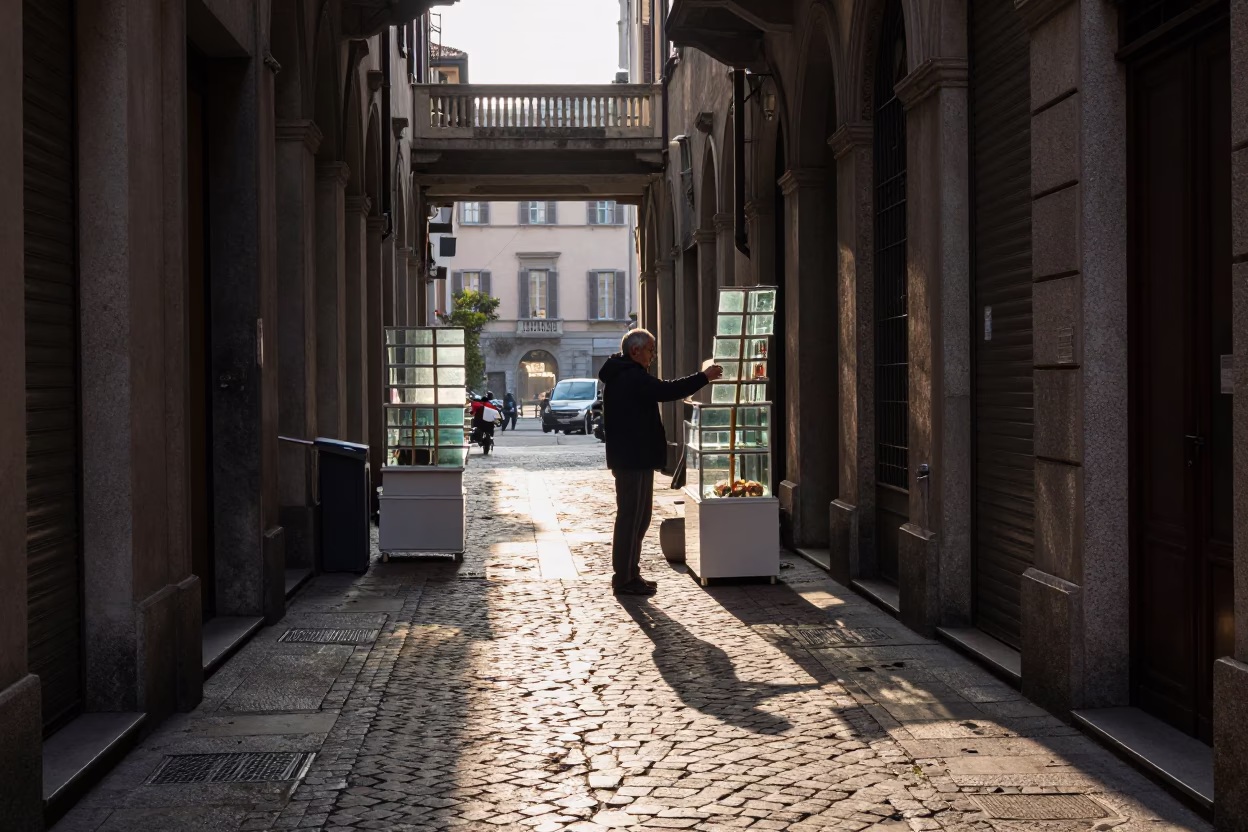 Glass Slides in Milan at As First Light Reaches The Scene in in Milan, Italy