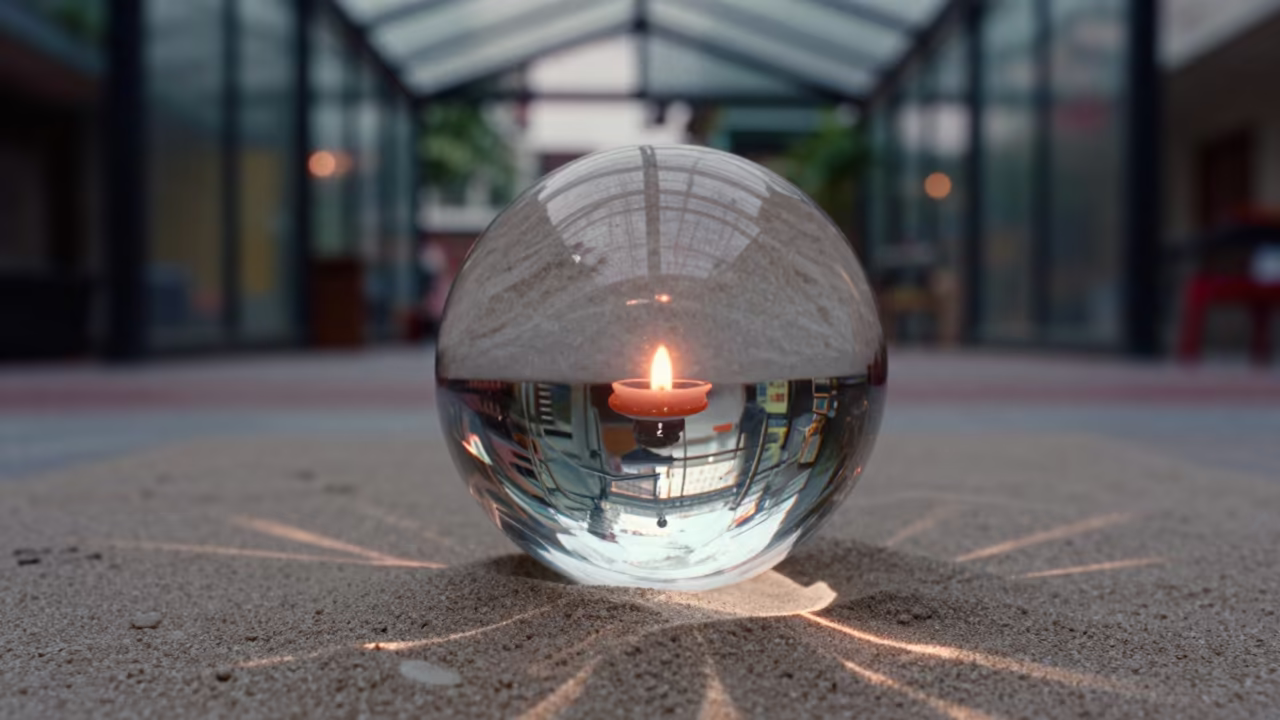 Glass Sphere Light Refraction on Hanoi Sand in inside a glass-roofed arcade in Dong Xuan, Hanoi