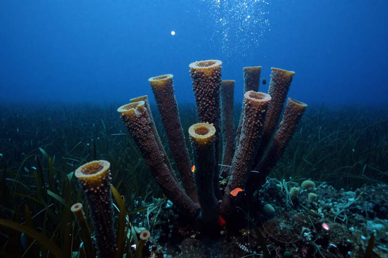 Glass Sponge Garden Blue Hour Shadow in above a seagrass meadow near Mumbai