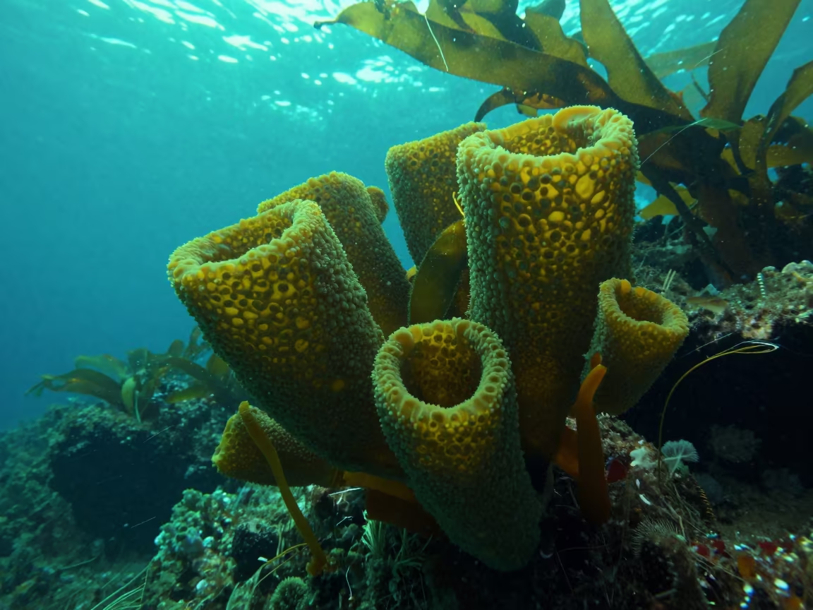 Glass Sponge Garden in Winter Kelp Forest in through a forest of kelp fronds near Barcelona