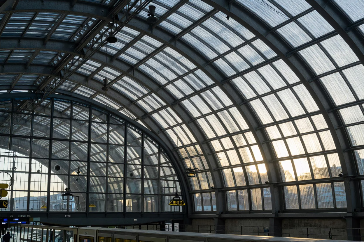 Glass Steel Train Station Arched Roof And Urban Cityscape in Berlin in in Berlin, Germany