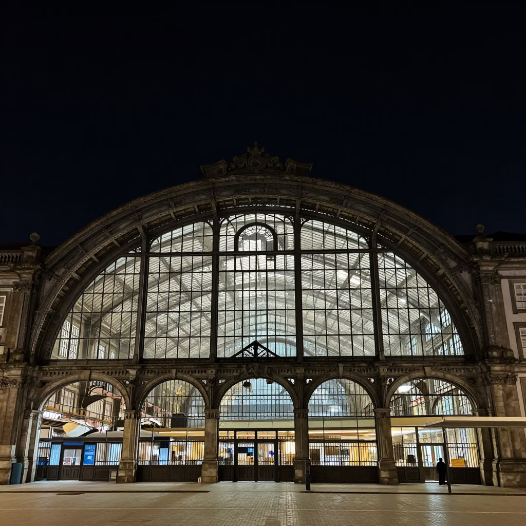 Glass Steel Train Station Arched Roof Illuminated in Porto in in Porto, Portugal
