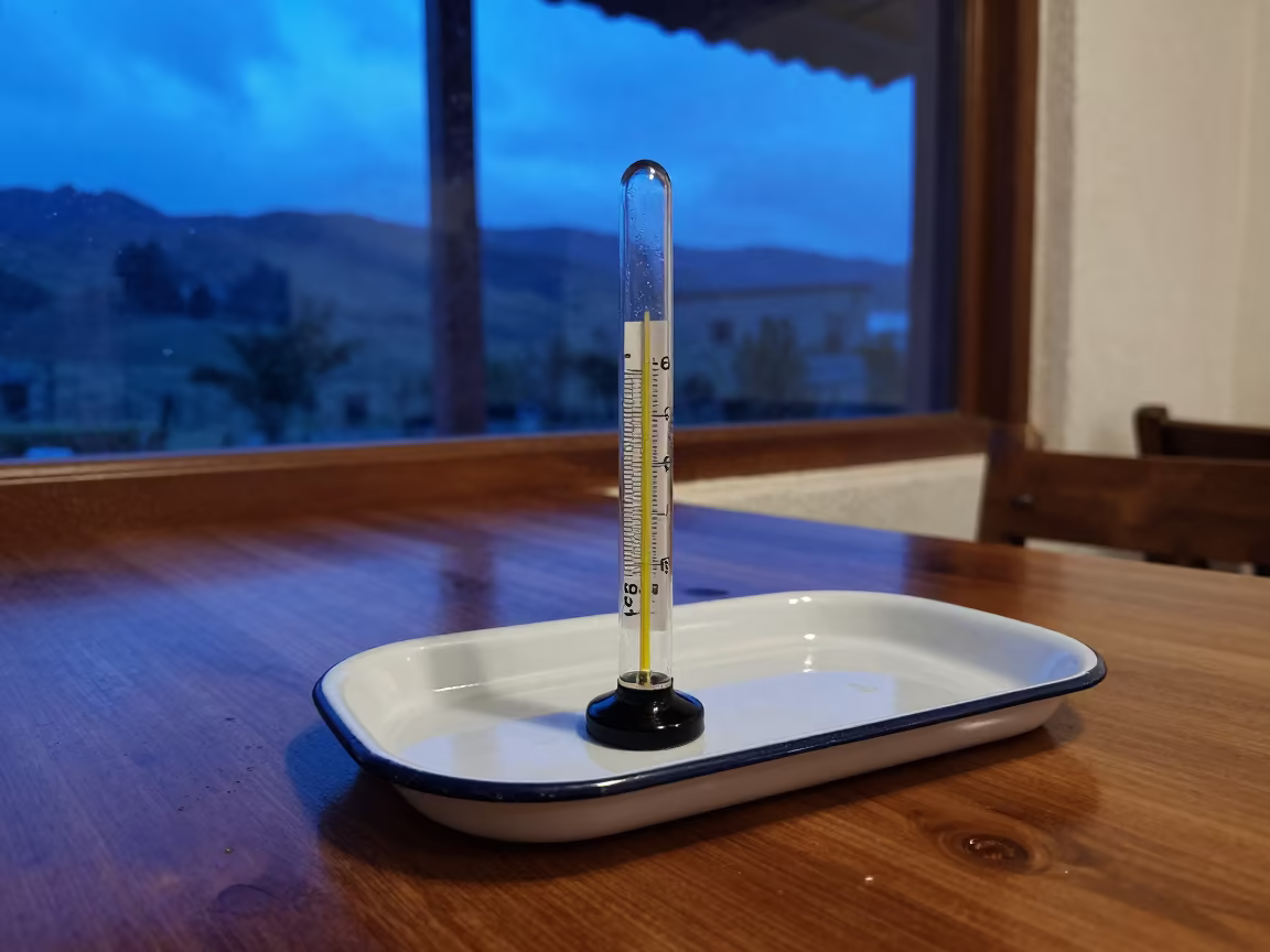 Glass Thermometer on Enamel Tray in on a cafe table by a window in Ayacucho