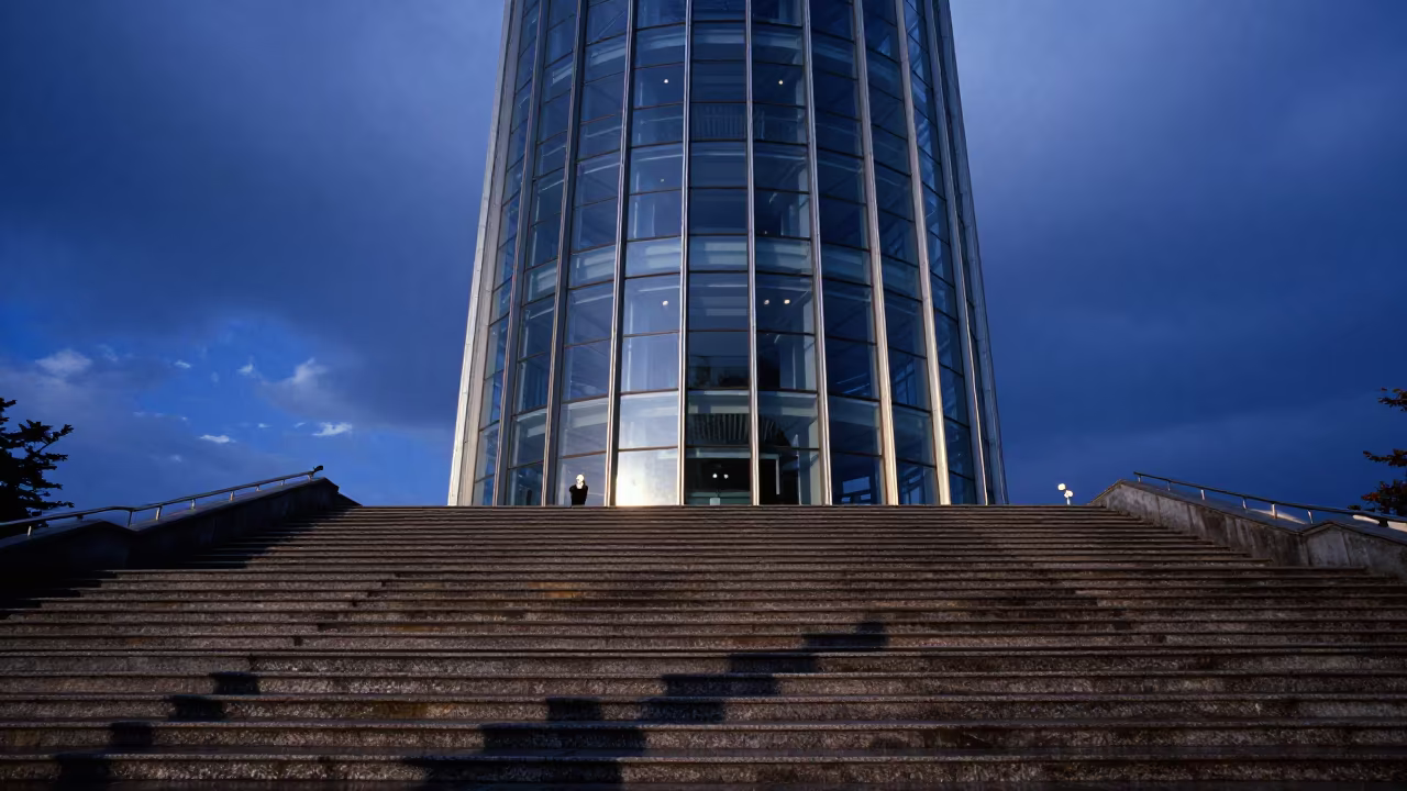 Glass Tower Wet Granite Steps Blue Hour Yunnan in at the base of a monumental staircase in Yunnan