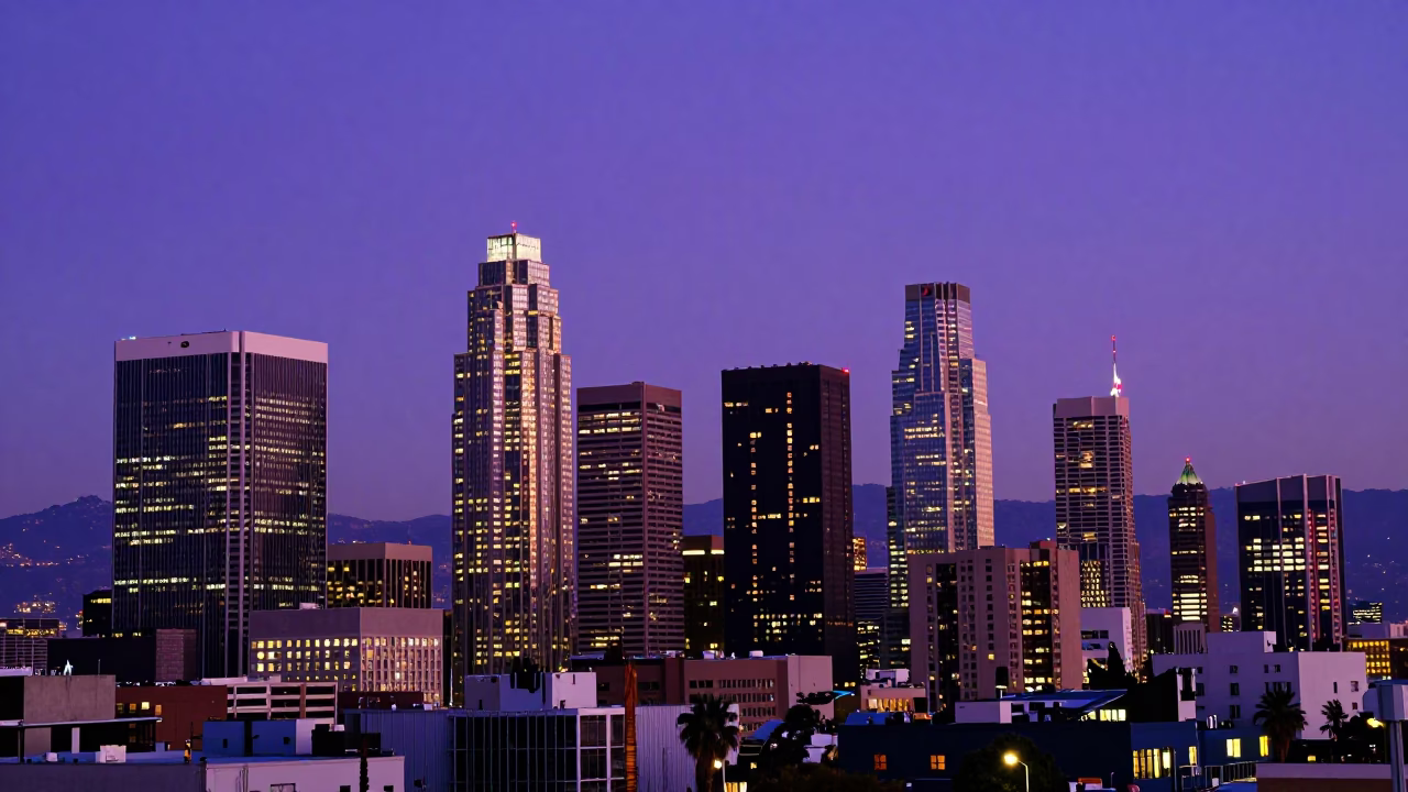 Glass Towers at As City Lights Begin To Glow in Los Angeles in in Los Angeles, California, United States
