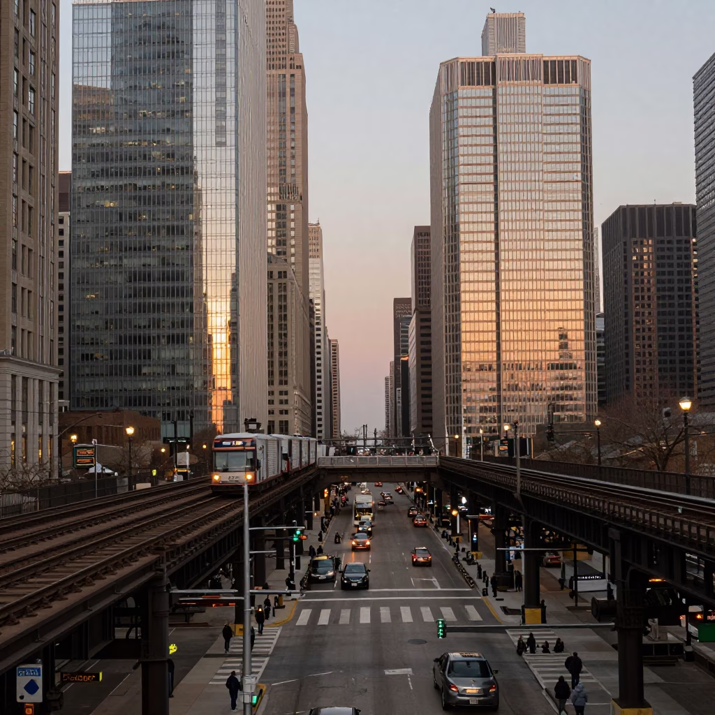 Glass Towers in Chicago at Copper-toned Light Before Dusk in in Chicago, Illinois, United States