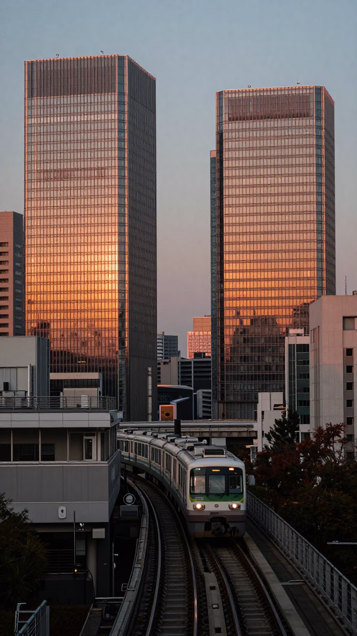 Glass Towers in Fukuoka at Copper-toned Light Before Dusk in in Fukuoka, Japan