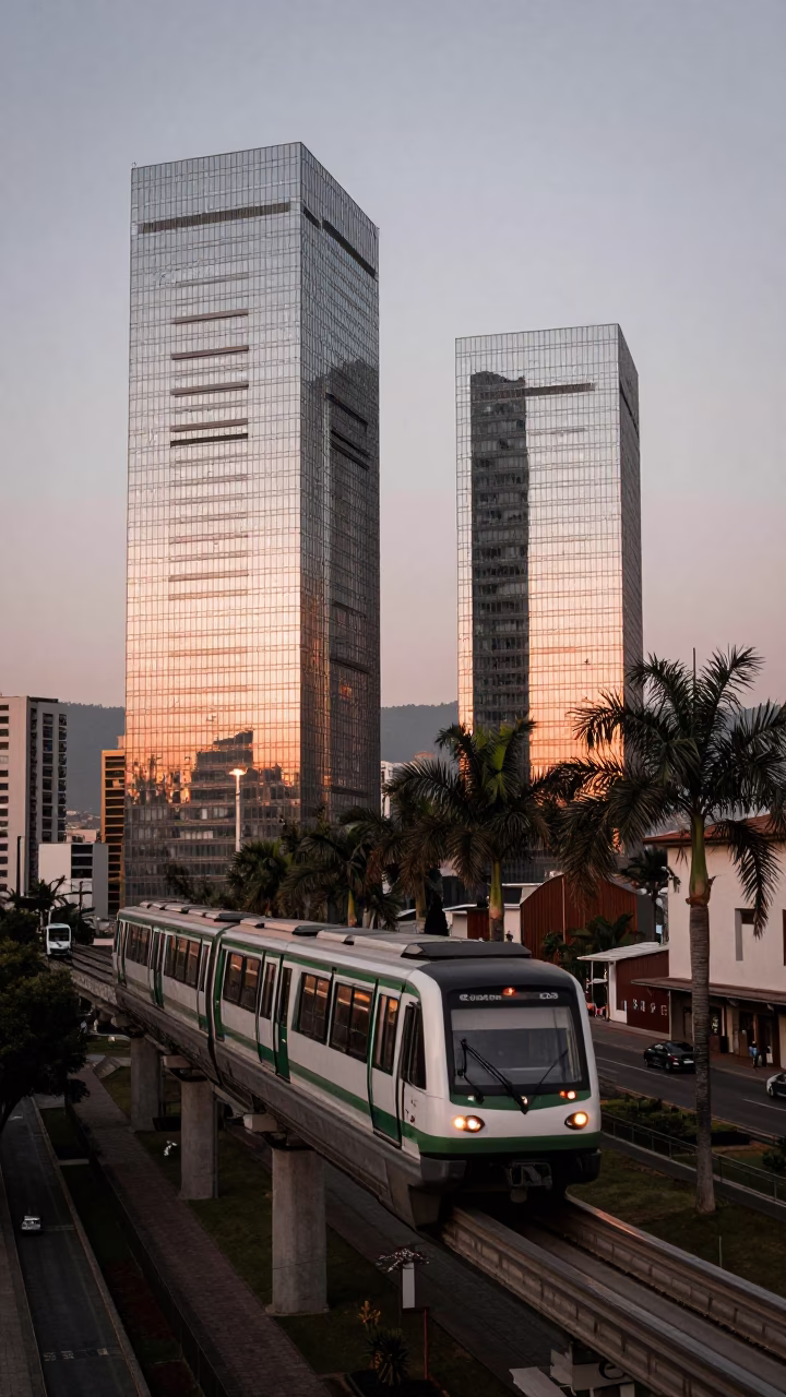 Glass Towers in Quito at Copper-toned Light Before Dusk in in Quito, Ecuador