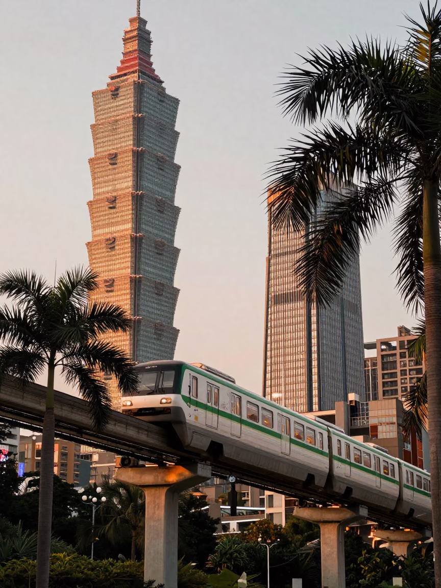 Glass Towers in Taipei at Copper-toned Light Before Dusk in in Taipei, Taiwan