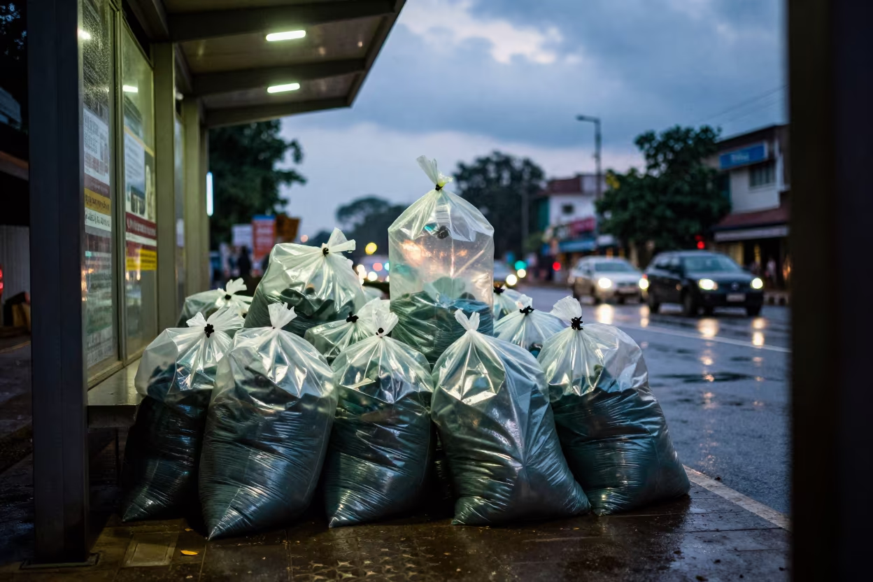 Glass Trash Pile at Jalgaon Tram Stop in at a tram stop in Jalgaon