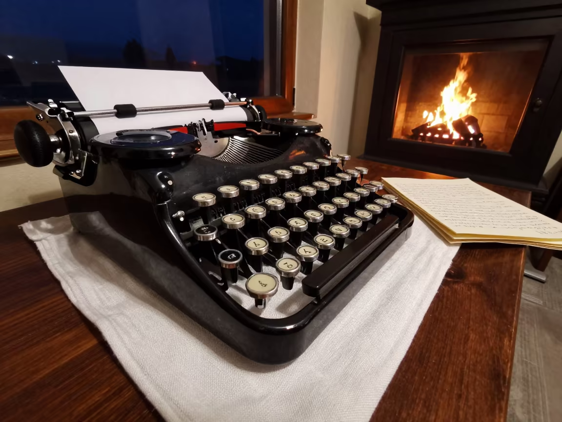 Glass Typewriter on Linen in Firelight in on a wooden workbench in Afyonkarahisar