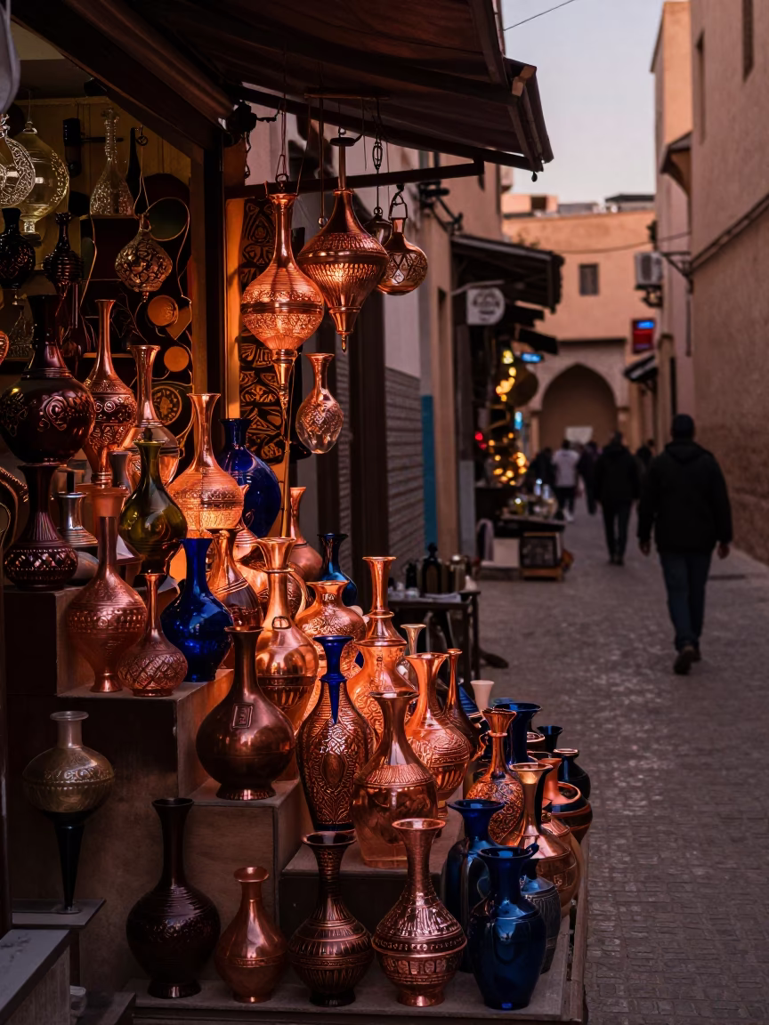 Glass Vases in Fez at Copper-toned Light Before Dusk in in Fez, Morocco