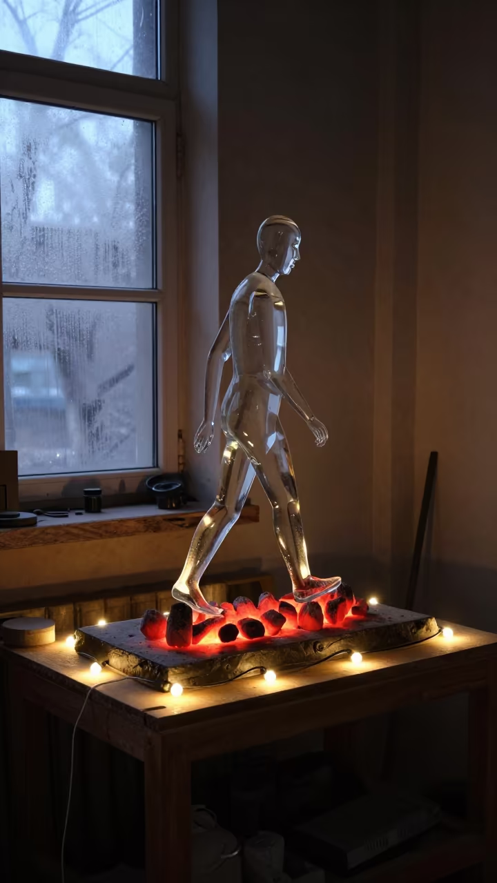 Glass Walking Performance on Coals in Lanzhou Workshop in on a workshop shelf in Lanzhou