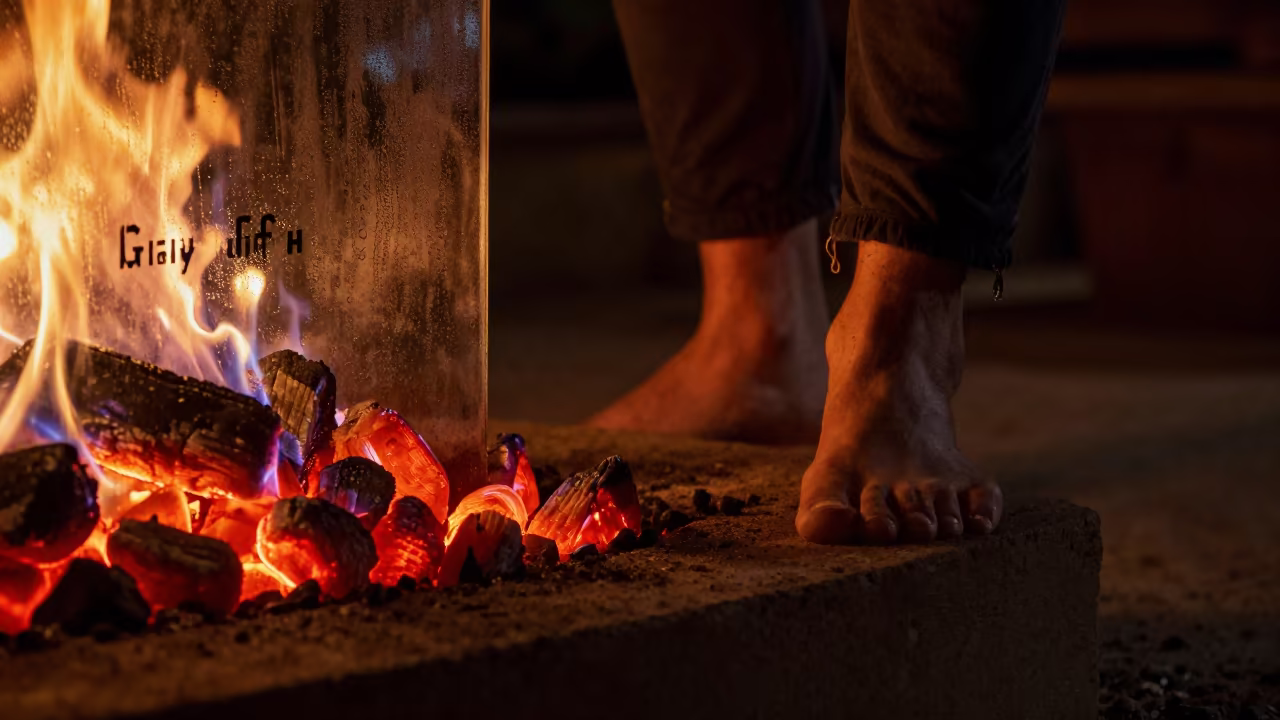 Glass Walking Performance Over Coals Near Getafe in on a painted display ledge near Getafe