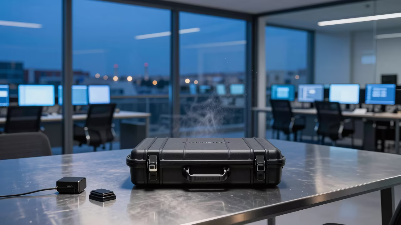 Glass-Walled Boardroom Case Getafe Twilight in in an operations center under monitor glow in Getafe