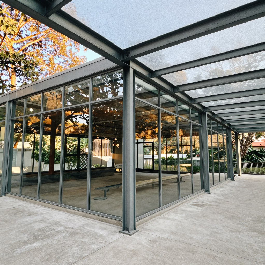 Glass Walls Reflect Autumn Trees Noon Light in inside a glass-roofed arcade in Santo Domingo