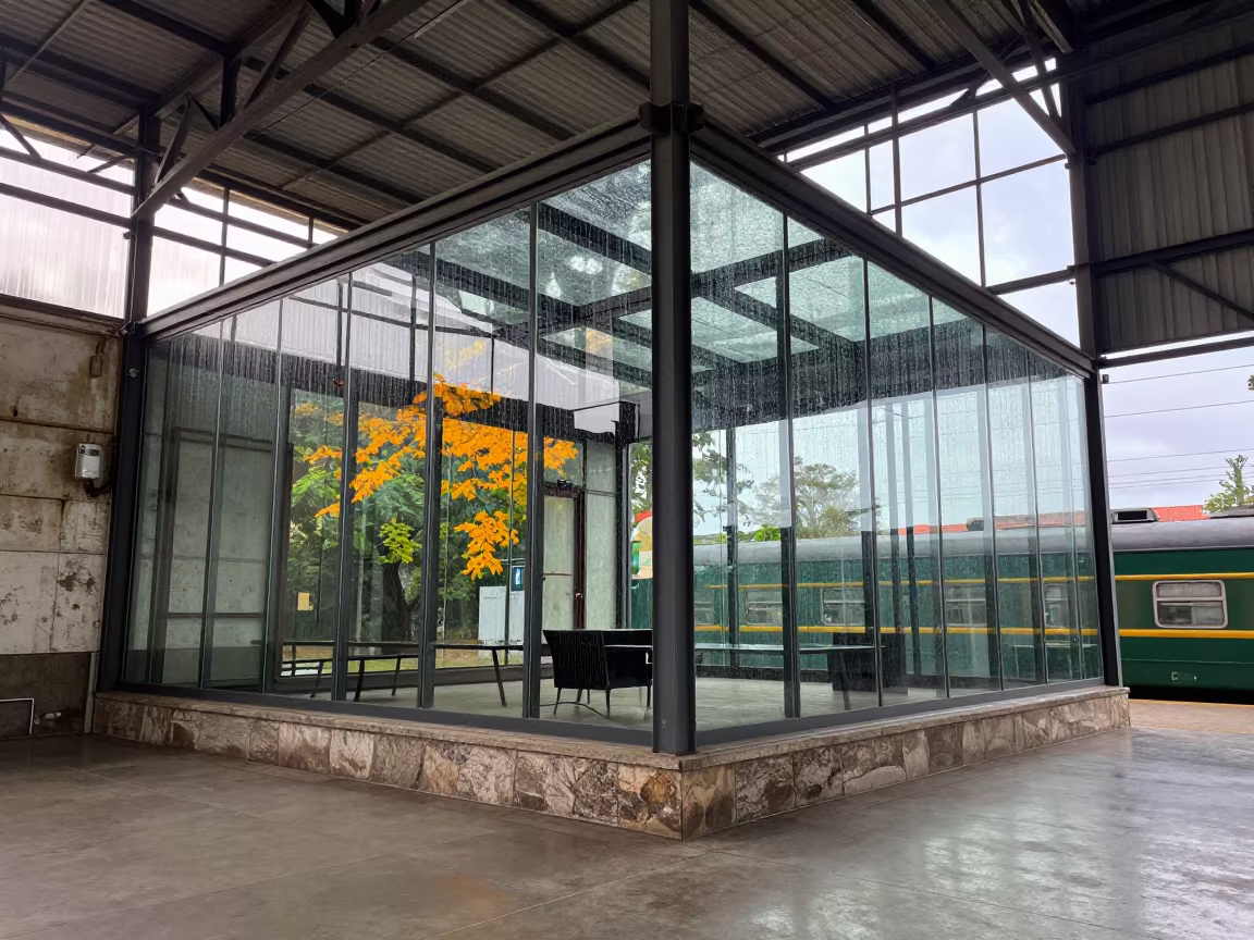 Glass Walls Reflecting Autumn Trees in Maputo Terminal in inside a restored train terminal in Maputo
