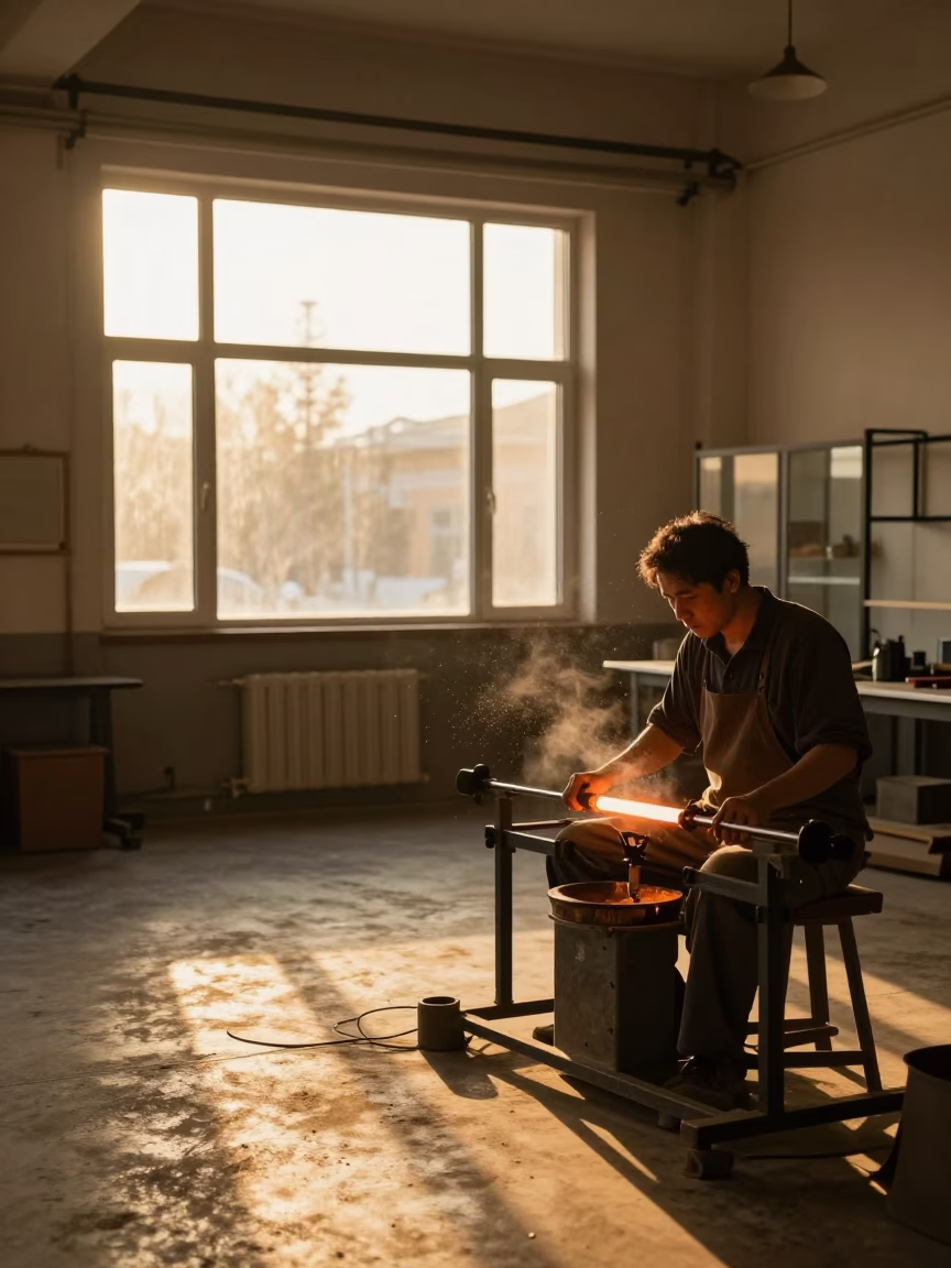 Glassblower in Changchun Workshop Golden Light in in a workshop in Changchun