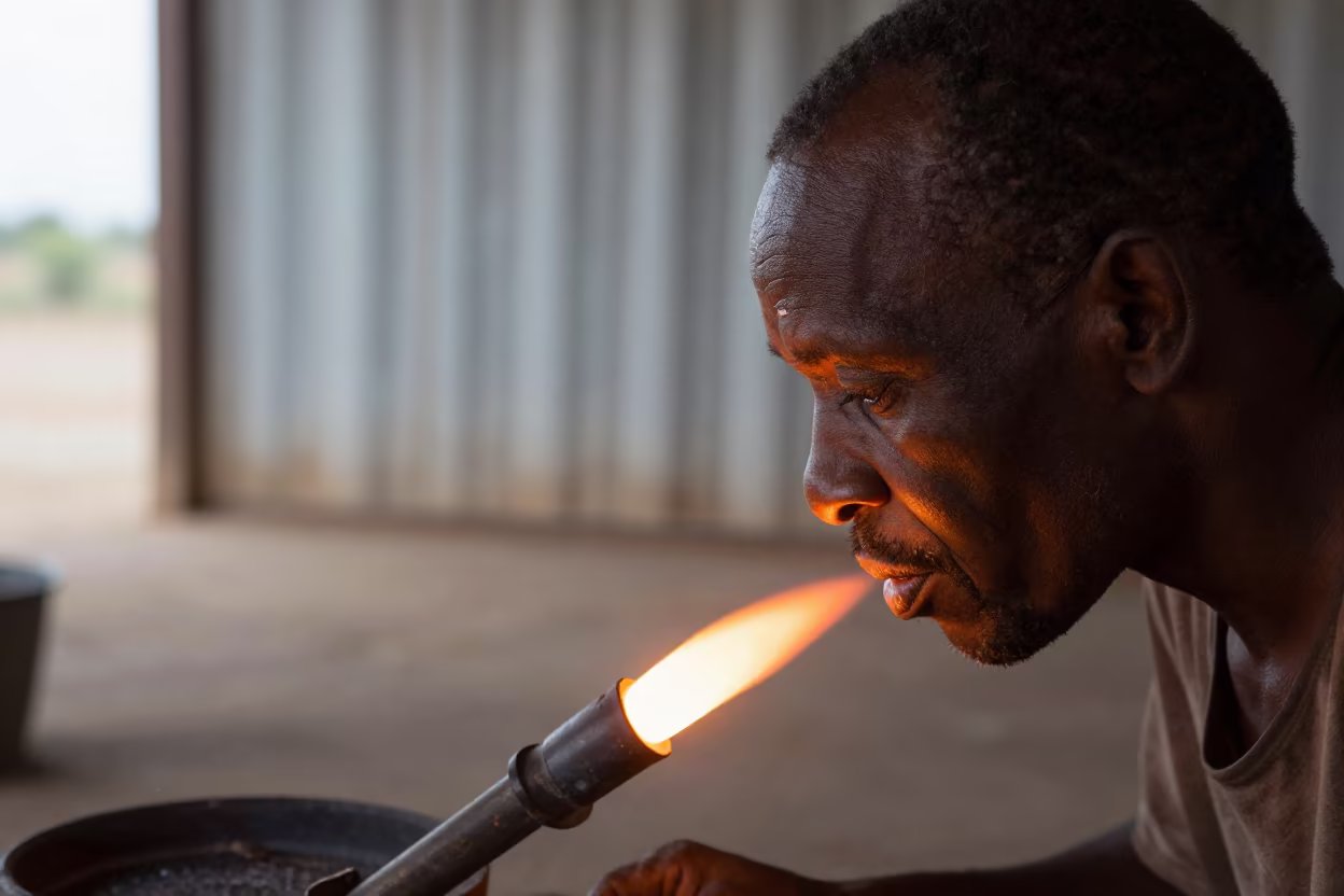 Glassblower Face Lit by Furnace Light Francistown in beside a curtain-diffused window in Francistown
