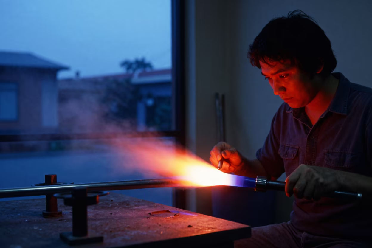 Glassblower Gathering Molten Glass in Uyo Atelier in in an atelier in Uyo